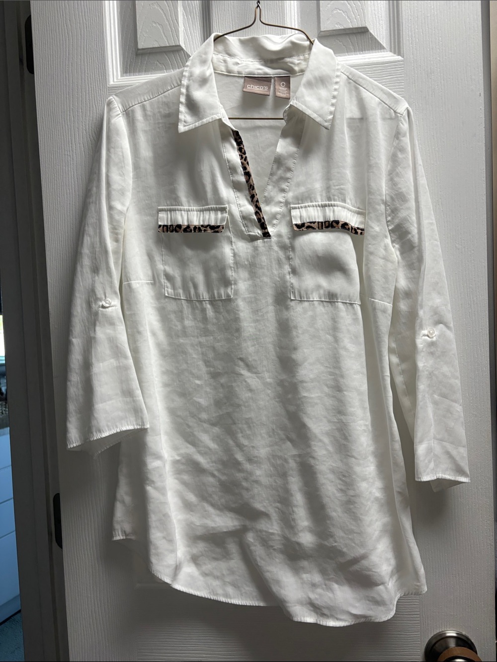Chico's White Tunic Blouse with Leopard Trim